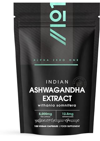 Ashwagandha Extract 5000mg - 5% Withanolides (12.5mg) - 120 Vegan Capsules - Made with BioPerine® Black Pepper for Higher Bioavailability (4 Month Supply) by Alpha01