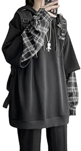YUESUO Emo Streetwear Vintage Hoodie Damen Herren Oversized Sweatshirt Punk Patchwork Pullover Grunge Plaid Hoodie Kleidung, Schwarz, L