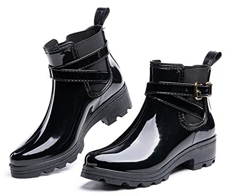 Hitmars Gummistiefel Damen Chelsea Boots Gartenschuhe Rain Boots Regenstiefel Segelstiefel Wasserdicht Regenschuhe Halbgummistiefel Schwarz EU39