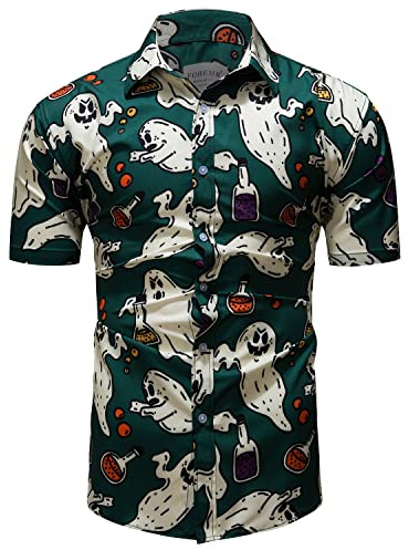 fohemr Mens Halloween Shirts Ugly Pumpkin Print Short Sleeve Button Down Casual Hawaiian Shirt Ghost Theme Adult Dress Green X-Large