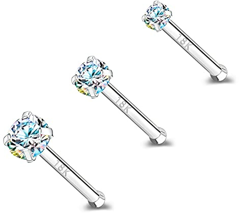 ZS 18 Karat Echtgold 20G Nasenringe für Frauen Männer, 1.5mm 2mm 3mm CZ Simulierter Diamant, 7mm Nasenstecker Nase Piercing Körperschmuck (AB Weiß,Gerade)