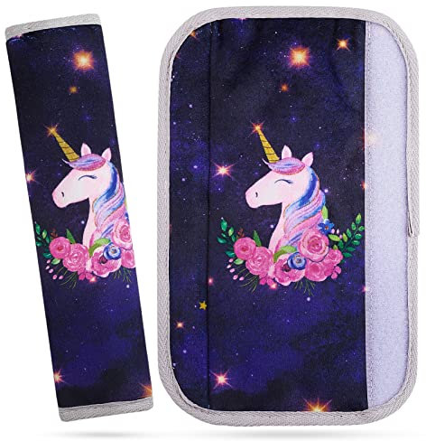 MHJY Gurtschoner Kinder Auto Gurtpolster Einhorn Autogurt Polster Mädchen Gurtschutz 2 Stück Sicherheitsgurt Anschnallgurt Polster Hals Autogurt Schutz