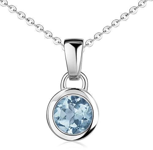 Materia Runder Kettenanhänger Damen - Edelstein Kette Blau Topas KA-505-Hellblau_K97-60cm