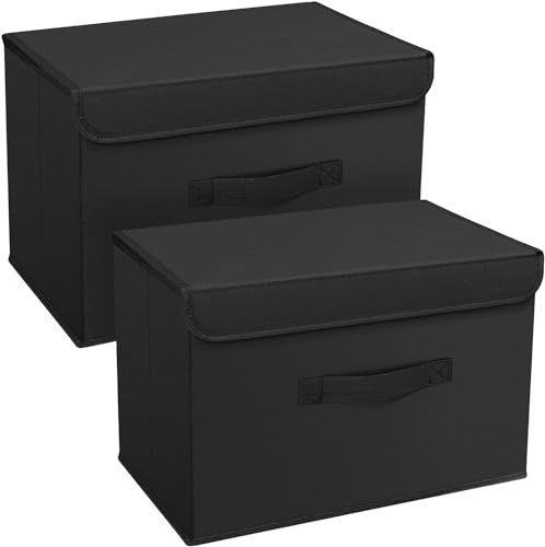 Homsorout Foldable Storage Boxes with Lids - Wardrobe Organiser Bin with Handle Fabric Basket Containers for Clothes, Book, Shelf, Office, Large x2-23.75L, Black