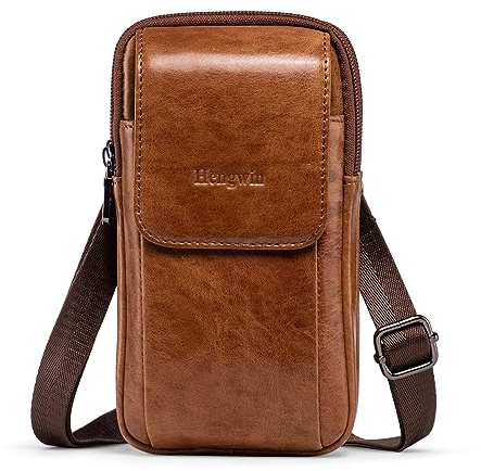 Hengwin Multifunctional Genuine Leather Double Zip Bags Men Vintage Look Shoulder Bag Mobile Phone Belt Bag Phone Holster for Travel, Outdoor Activities (Brown)