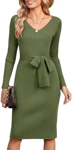 Newshows Robe Pull Femme Hiver Manches Longues Elegant Col en V Robe de Soirée en Tricot pour Fête Noël Vert Kaki,S