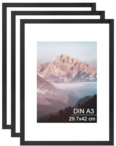 OMISHE A3 Bilderrahmen 29,7x42 cm, Schwarz, Massivholz Rahmen mit A4 Passepartout und Kunststoffhülle für Wand und Tisch - Set von 3 Stück