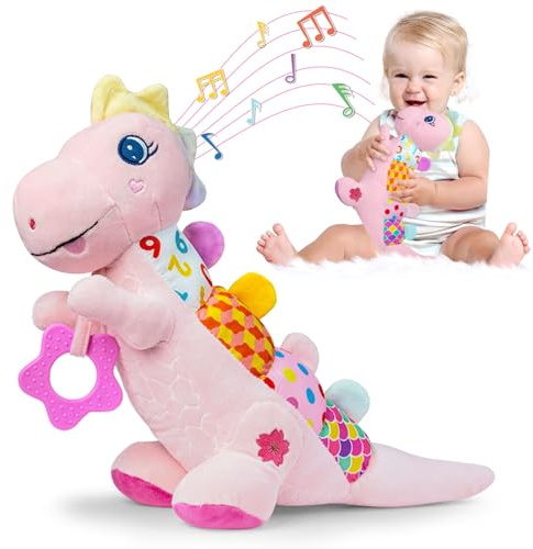 Baby Dino Giocattoli musicali di peluche per 0-3-6-9-12 mesi, dinosauro per neonati, giocattoli per la pancia, con carta sonora increspata, massaggiagengive, texture e sonagli per neonati, ragazzi e