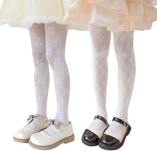 LOLANTA 2 par mönstrade fisknätstrumpbyxor för flickor, urholkade spetsstrumpbyxor för halloween cosplay-fest, 3-12 år, Vit rosett + vit körsbär, 5-8 Years