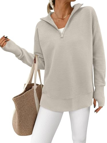 PRETTYGARDEN Womens Long Sleeve Quarter Zip Pullover Sweater Casual Loose V Neck Collared Ribbed Knit Jumper Tops Thumb Hole(Light Grey,Medium)