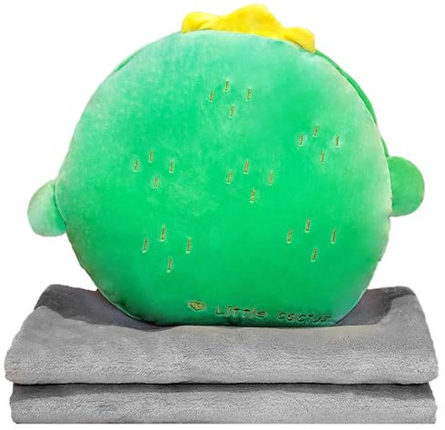 MeYuxg Couverture de Voyage et Oreiller avec Housse 3 en 1, Couverture de Sieste, Coussin de Dossier de Cde Voiture pour Enfants Garçons Filles, Cadeaux Doux pour Adultes (Cactus)