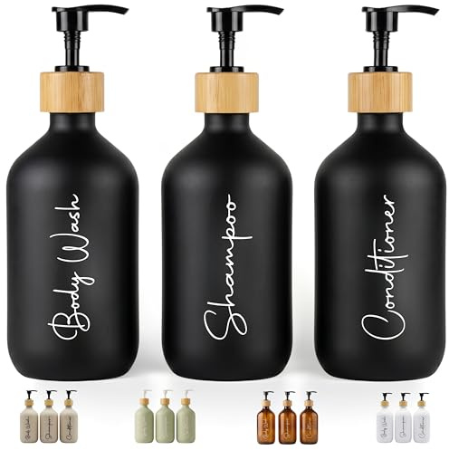 FCINNOVA Dispensador Jabon Baño Negro Mate 500ml Set de 3 Botes para Gel y Champu Acondicionador Embudo para Rellenado Este Dosificador Jabon Baño es Elegante practico y mantendra su Ducha ordenada