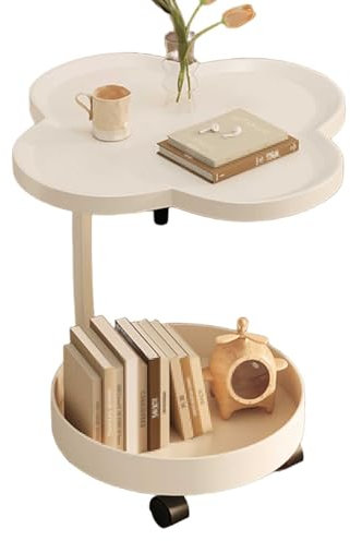 Beistelltisch Auf Rollen mit Stauraum Cremefarbenes Doppelschicht Beistelltisch Sofa Platzsparender Vierblättriger Kleeblatt Überbetttisch für Schlafzimmer, Wohnzimmer(White)