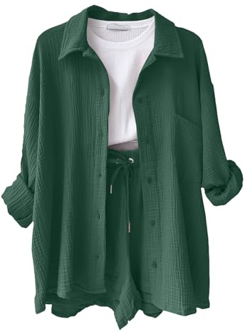 CheChury Conjunto Casual de 2 Piezas para Mujer Elegante con Manga Larga Camisa Pantalones Corto con Cordón Bohemios Ropa de Vacaciones Traje de Playa para el Hogar Uso Diario Activi con Bolsillos