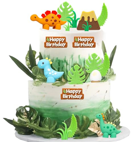 Gyufise 18Pcs Dinosaur Cake Toppers Dinosaur Eggs Leaves Grasses Cake Decorations with Happy Birthday Sign Cake Toppers for Safari Animal Themed Birthday Party Supplies