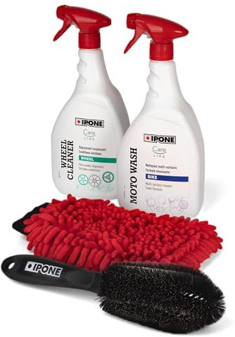 IPONE - Pack Entretien Nettoyage Complet Moto - Cleaning kit - Nettoyant Multi Surfaces Moto Wash 1L + Dégraissant Surpuissant Jantes Wheel Cleaner 1L + Gant Lavage Microfibre + Brosse Jante