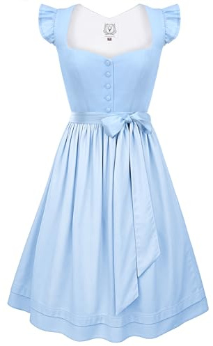 DIRNDLSTERN Damen Midi Trachtenkleid - Dirndlkleid Hellblau Trachtenmode Kleid mit Klettverschluss Flügelärmel 40