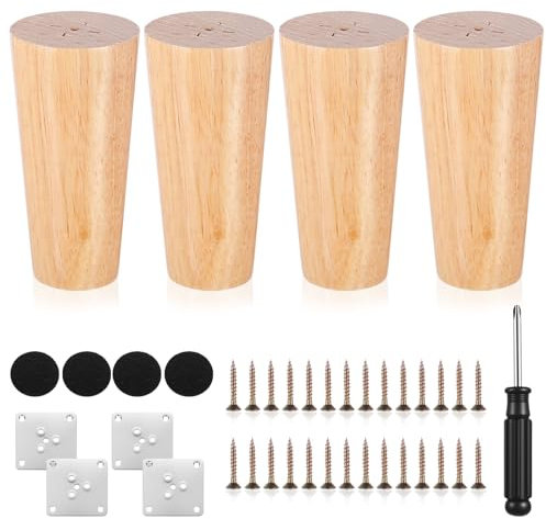 ywchoshe 4 Pièces Pieds de Meubles en Bois, 10cm Pieds de Table en Bois de Remplacement Coniques pour Canapé Lit Meubles Chaises Tables Armoire, avec Accessoires