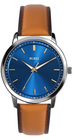 BUREI Mens Fashion Watch Dress Minimalist Wrist Watches for Men Brown Leather Analog Display with Slim Case Design, Blue Light Brown, Fashionable, Classic, Multifunctional