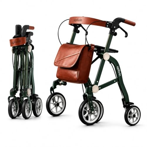 Uplivin Rollator Faltbar und Leicht mit Sit,1-Schritt Klapp ohne Bücken,Höhenverstellbar, Leicht & Rollator schmal für Wohnung und Outdoor,Gehwagen mit Bremse, All-Terrain Räder