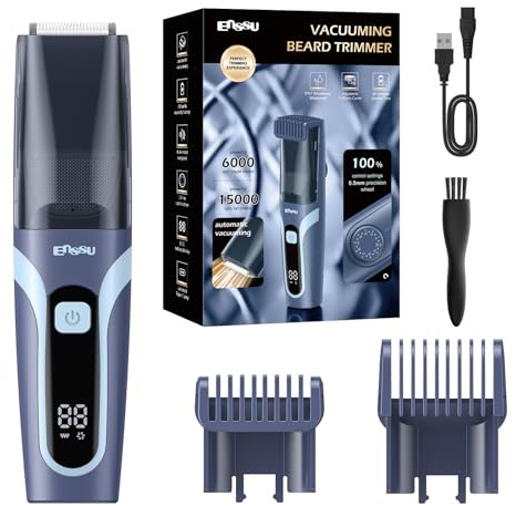Vakuum Barttrimmer Herren, Bartschneider Herren Elektrisch Rasierer, Blau | IPX7 Wasserdichter haarschneidemaschine (ab 1 mm bis 20 mm) mit Typ-C Aufladung, LCD Display, Doppelmotor-System