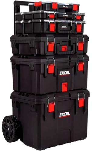 Excel Modular Tool Box Set – 6 Piece Heavy Duty Mobile Storage System with Organizer Drawers, Stackable Units & Durable Wheels for Tools, Garage, DIY, Construction, Workshop