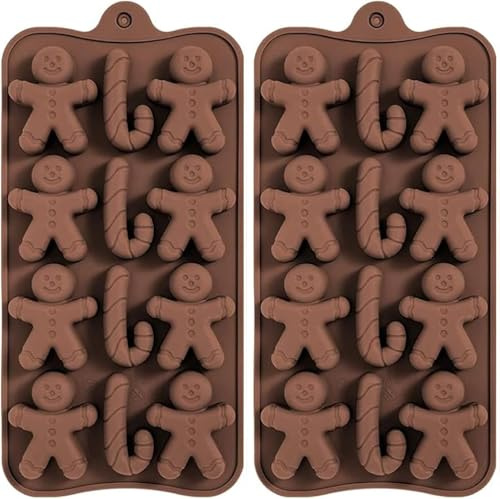 VELOKOVA Stampi da forno natalizi in silicone, 2 pezzi, 12 cavità a forma di omini di pan di zenzero e bastoncini di zucchero, per cioccolato, biscotti, gelatina, muffin, senza BPA, decorazione fai da