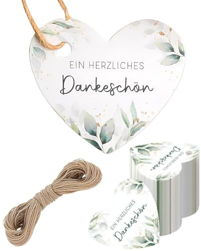 FUGLUS 100 Stück Danke Anhänger Herz Eukalyptus 5cm Geschenkanhänger Dankeschön Hochzeit Etiketten Tags Geschenk Geburtstag Babyparty Kommunion Taufe
