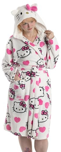 Hello Kitty vit badrock med huva för kvinnor | Mysig fleece-loungewear med rosa detaljer och långa ärmar | Tecknad karaktärsdesign | Perfekt för avkopplande dagar | Hello Kitty-merchandise