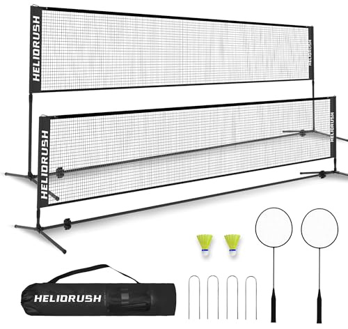 HELIORUSH Badmintonnetz Set Höhenverstellbar, 3m Mobiles Badminton Netz mit Stahlrahmen & 4 U-Heringe, Vielseitiges Tragbares Volleyballnetz für Garten Pool Strand, inkl. 2 Schläger, 2 Bälle & Tasche