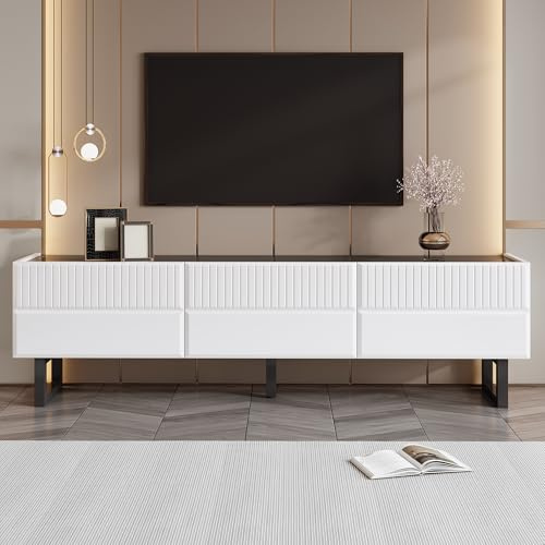 Raeln TV Lowboard schwarz weiß 170 cm TV Schrank mit 3 Schubladen Eisenbeine Hochglanz Oberfläche 60 kg Tragkraft Spanplatte Design Stauraum passend für Wohnzimmer Fernseher