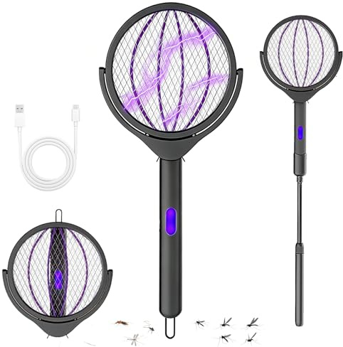 Raquette Electrique Insectes 2800V Rechargeable, Tapette à Mouche, Raquette Moustique Electrique avec Manche Télescopique Ajustable, Tête Rotative 90°, Tapette Anti Moustiques et Insectes Volants