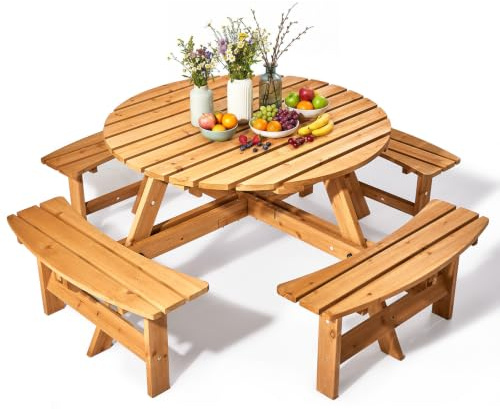 VINLGI Picknicktisch Set für 8 Personen,Biertischgarnitur Holz mit 4 Bänken & Schirmloch, Gartenmöbel Set Wetterfest,Esssets für Terrasse, Hof, Garten&Veranda (Rund&Teakfarbe)