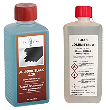 Brünier-Profi-Set: 250 g AL-Liquid-Black 4.20, Schwarzfärbemittel von Aluminium, Kaltbrünieren - Schwarzfärben von frisch behandeltem Aluminium + 500 ml Lösemittel A zum Säubern und Entfetten
