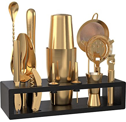 Highball & Chaser Bartender Kit with Black Bamboo Stand Beautiful Cocktail Shaker Set and Bar Tools Stainless Steel Boston Shaker Bartender Kit with Stand (Antique Gold)