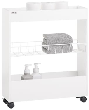 SoBuy BZR46-W Nischenregal mit 3 Etagen Küchenregal mit Rollen Badrollwagen Badezimmerregal Badschrank Nischenwagen Ordnungswagen Rollwagen schmales Regal weiß Badmöbel BHT ca.:20x70x60cm