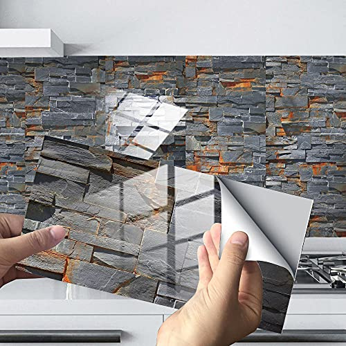 Stick on Tiles Charcoal Gray Orange Tile Stickers PVC Self Adhesive Wall Tiles Heat Resistant Tile Stickers for Kitchen Bathroom Waterproof Peel and Stick Floor Tiles Tile Paint 12 pcs