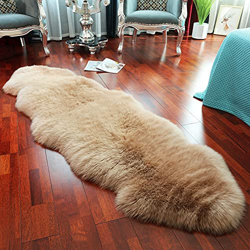 LLB Genuine Sheepskin Area Rug Wool Rug Fur Carpet Fluffy Shaggy Fur Rug for Living Room Kids Bedroom Real Sheepskin Throw Lambskin Rugs Sofa Mat Chair Seat Covers (Tan, 2 x 6 ft Sheepskin)