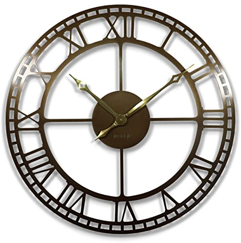 FLEXISTYLE Wanduhr groß Vintage Retro XXL 80 cm Durchmesser Metall Industrial Schwarz Weiß Golden (antikes Gold)