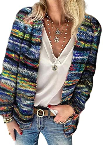 FeMereina Women´s Rainbow Striped Long Sleeve Open Front Knit Cardigan Casual Pullover Sweater Y2K Streetwear (Blue, X-Large)