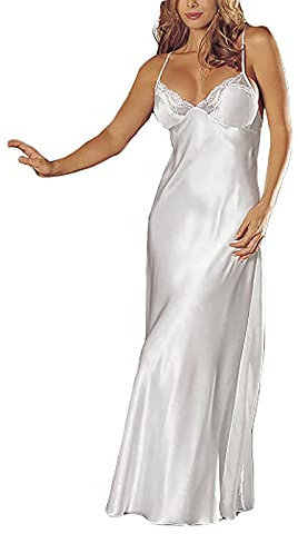 Negligee Damen, Blingko Satin Nachthemd Shorts Schlafanzug Satin Pajama Spitze Robe Kurz Nachtwäsche Dessous Damen Sexy Unterwäsche Wetlook Dessous Frauen, Weiß, M