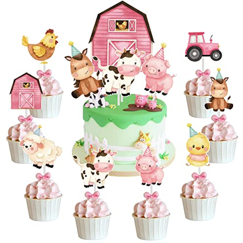 Pink Farm Animal Cake Decoration 28 Pieces Farm Animal Birthday Cake Topper for Farm Animal Theme Party Cupcake Topper Cow Cake Decoration for Baby Shower Birthday Party