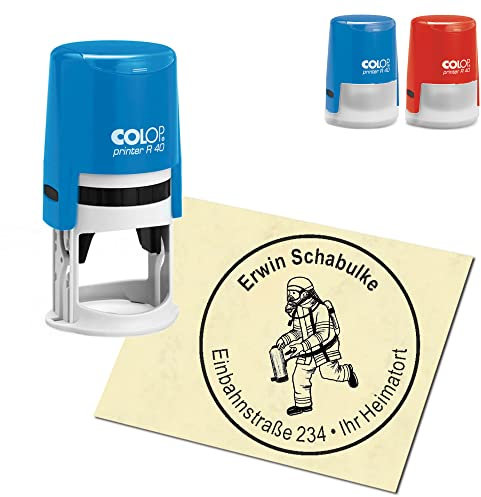 Stempel Adressstempel personalisiert - laufender Feuerwehrmann - rund ∅ 40mm Automatikstempel als Firmenstempel Namensstempel Bürostempel