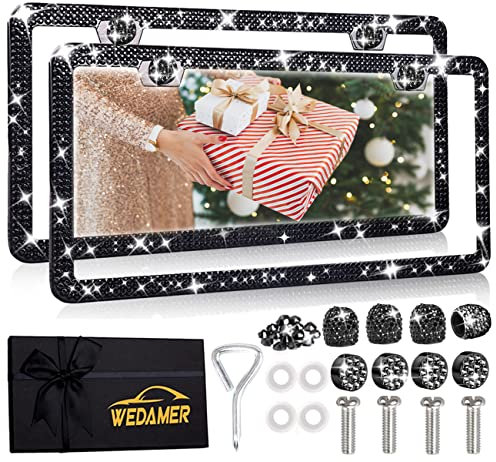 WEDAMER Marcos de matrícula brillantes para mujer (paquete de 2 unidades, caja de regalo), marco de matrícula de diamantes de imitación negros, marco de matrícula con purpurina para regalo del día de