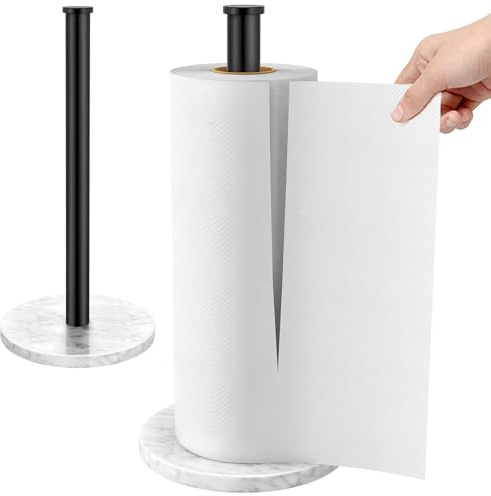 Jesginboo Kitchen Roll Holder Free Standing, Stainless Steel Paper Towel Holder Stand with Marble Base Countertop Paper Towel Dispenser for Standard and Large Size Rolls, Black