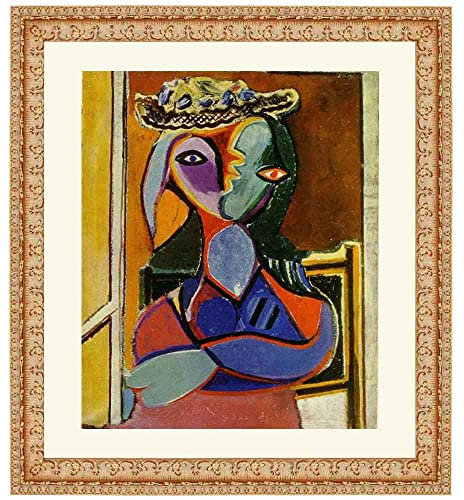 Lasite Pablo Picasso Leinwandbilder Kunstdruck Bilder Reproduktion Leinwanddruck Bilder Leinwand gerahmt fertig zum Aufhängen(Frau mit Hut,（60x72cm） 24x28inch-Vintage Gold geprägte Matte)-3