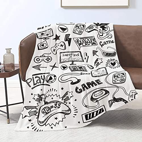 Gaming Geschenke für Junge Kinder Geburtstag Videospiel Gamepad Kuscheldecke Flauschig Flanell Fleecedecke Decke Game Jugendliche Jungen Graffiti Spieler Wohndecke für Sofa, Weiß, 150cm x 200cm