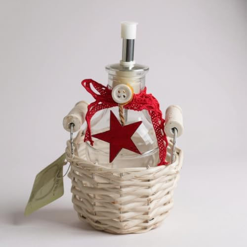 GMM Oliera Goutte cylindrique, capacité 250 ml en verre avec bouchon anti-goutte, avec panier en bois blanc et décoration rouge de Noël