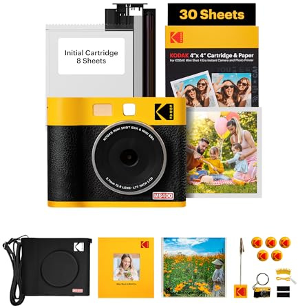 KODAK Mini Shot 4 ERA 4PASS 2-en-1 Cámara Instantánea e Impresora de Fotos (10x10cm) (Cámara + Pack de Regalo con 68 Hojas (8 Hojas Iniciales + 30 Hojas), Amarillo)