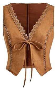 Floerns Women's Sleeveless Floral Embroidery Button Front Waistcoat Vest Jacket Brown Large